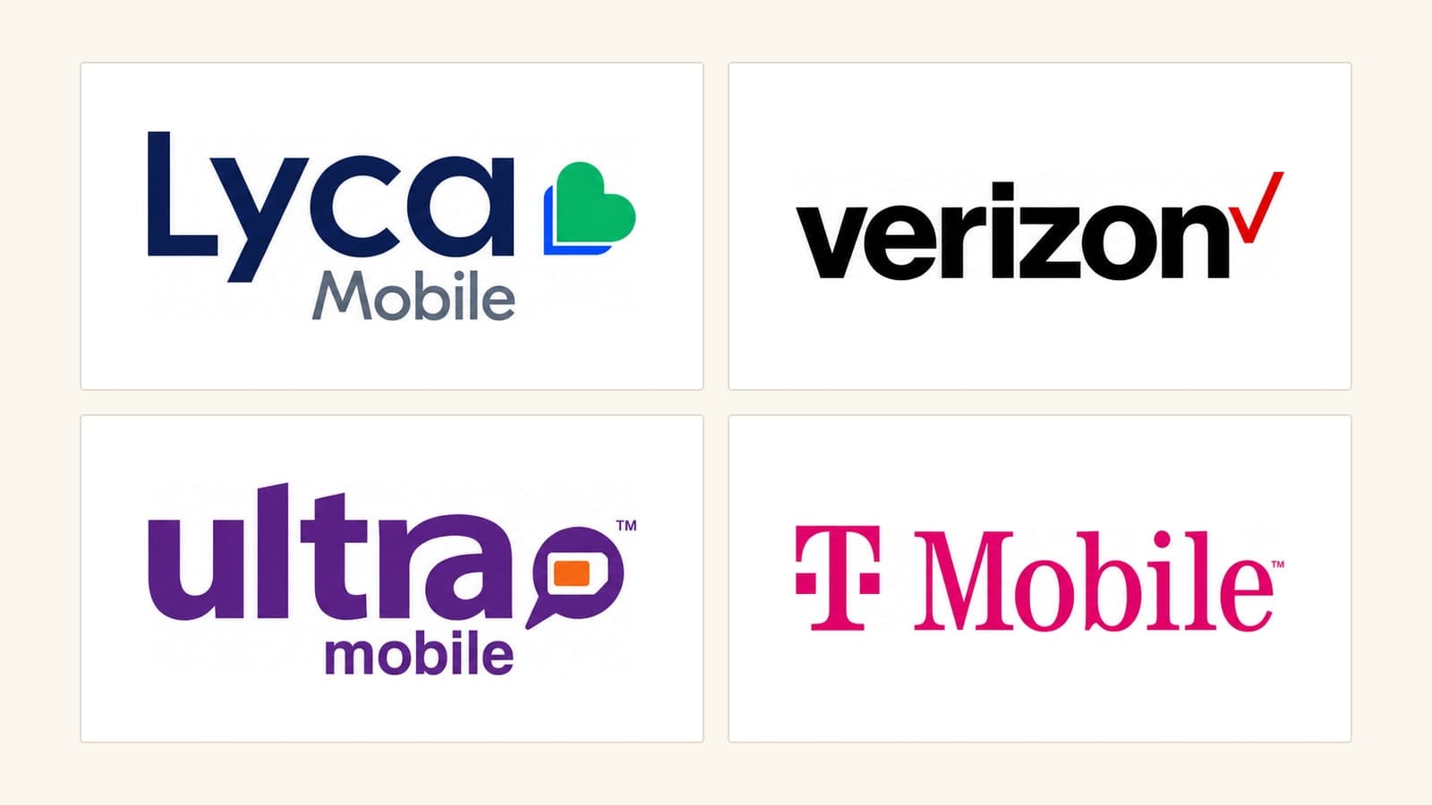 The Verizon, T-Mobile, Lycamobile and Ultra Mobile logos, the four carriers whose activations and bill payments are handled at the counter.