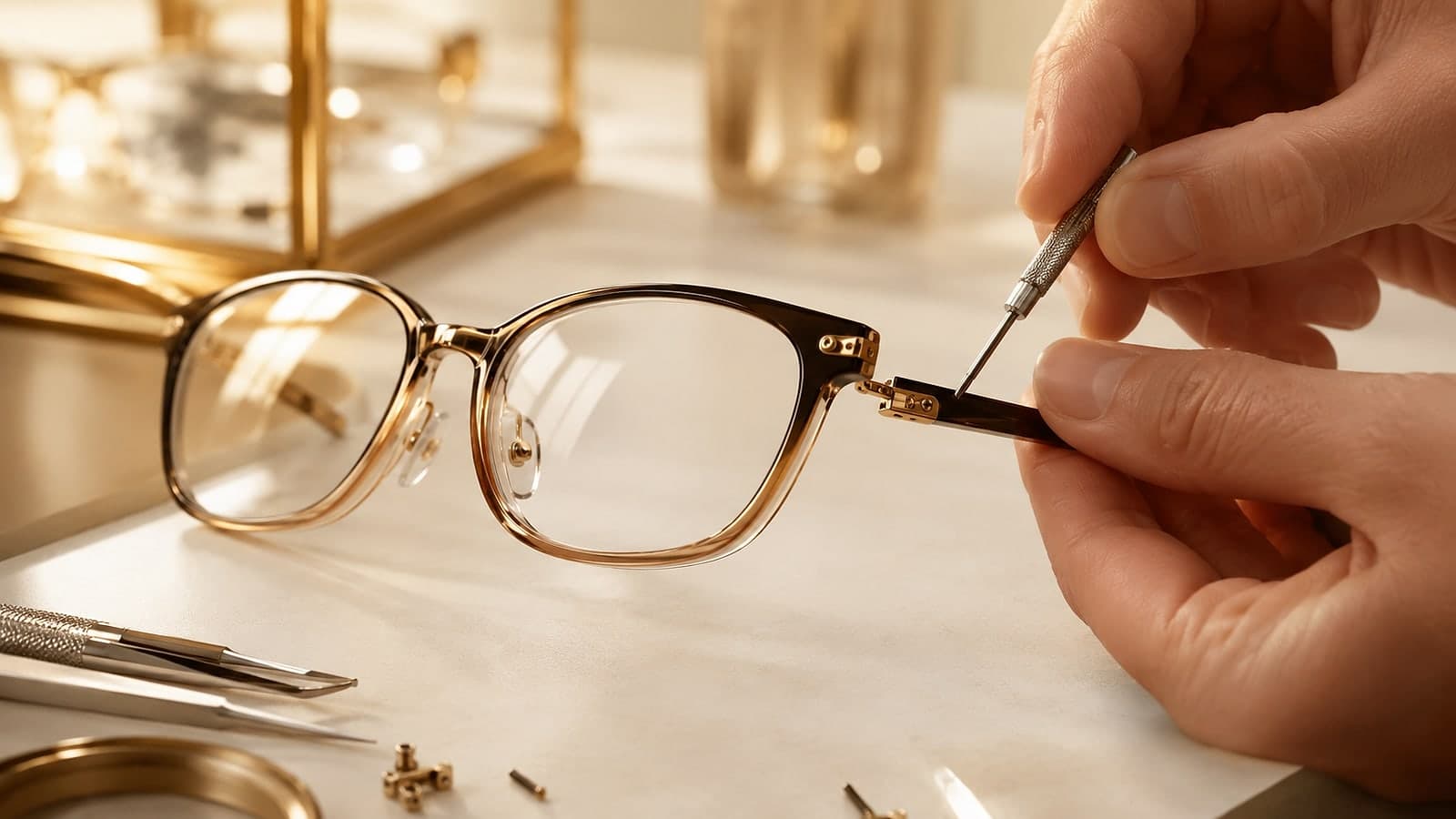 A repairer driving a screw into the hinge of an eyeglass frame with a fine screwdriver.