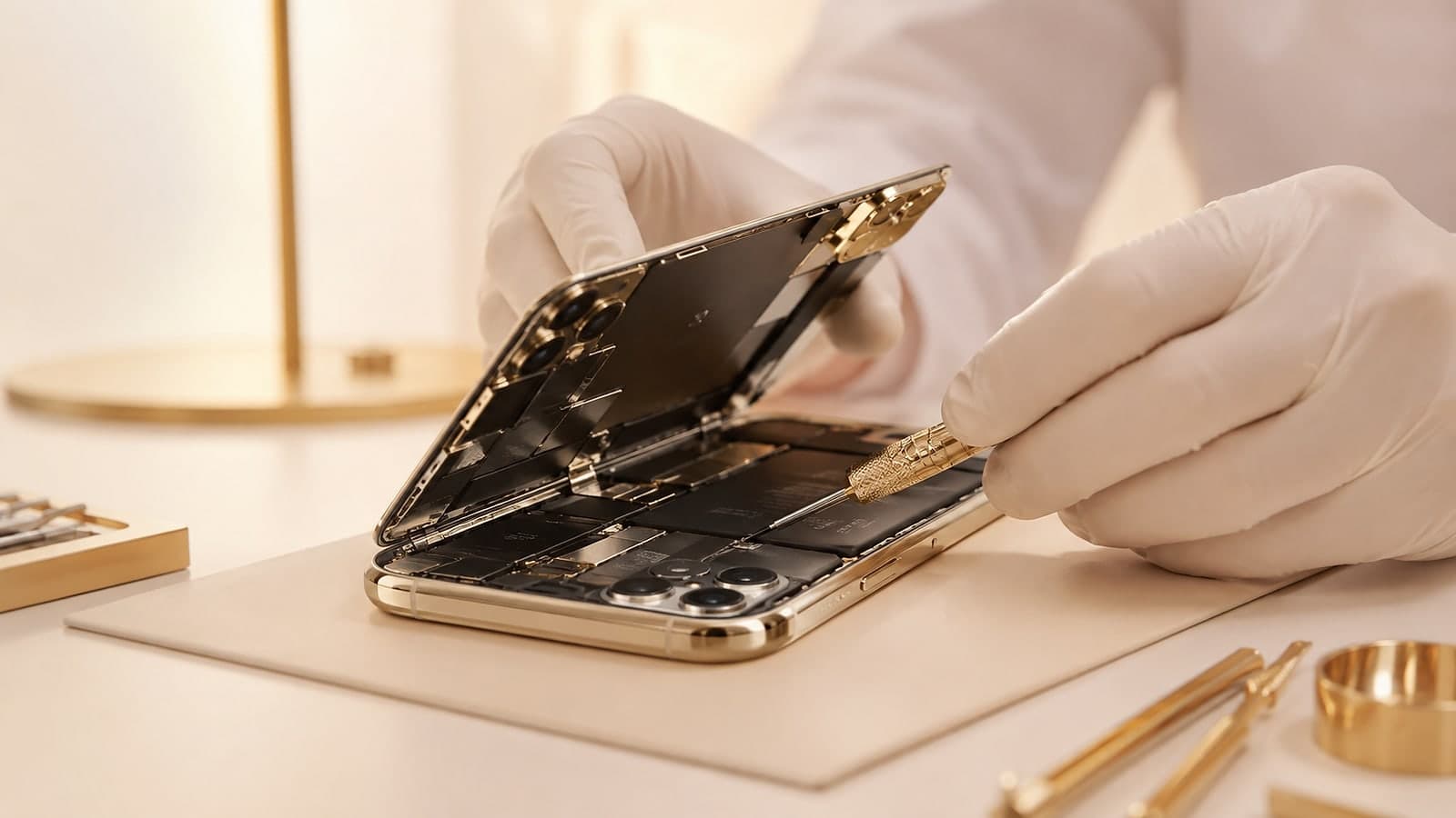White-gloved hands lifting the back off a gold smartphone with a fine screwdriver, the battery and internal boards exposed underneath.