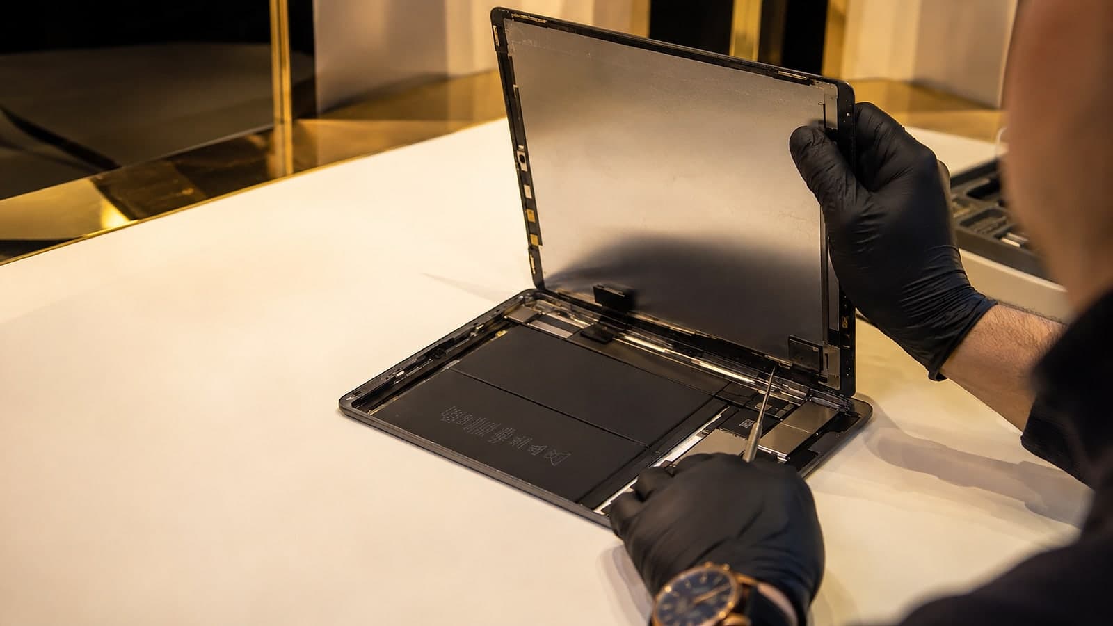 Gloved hands lifting the display away from an opened tablet at a workbench, the battery and ribbon cables visible inside.