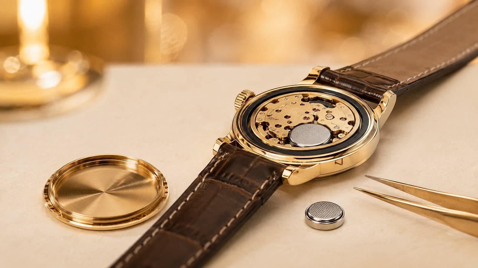 A gold wristwatch on a leather strap opened at the bench, its caseback lying beside it and a fresh cell and tweezers ready next to the exposed movement.